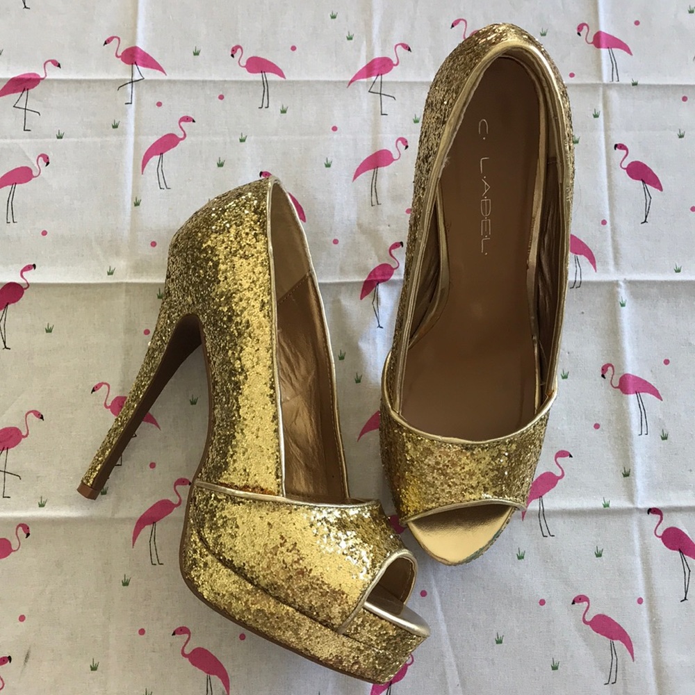 🤩 Yellow Gold Glitter Peep Toe Heels 🤩